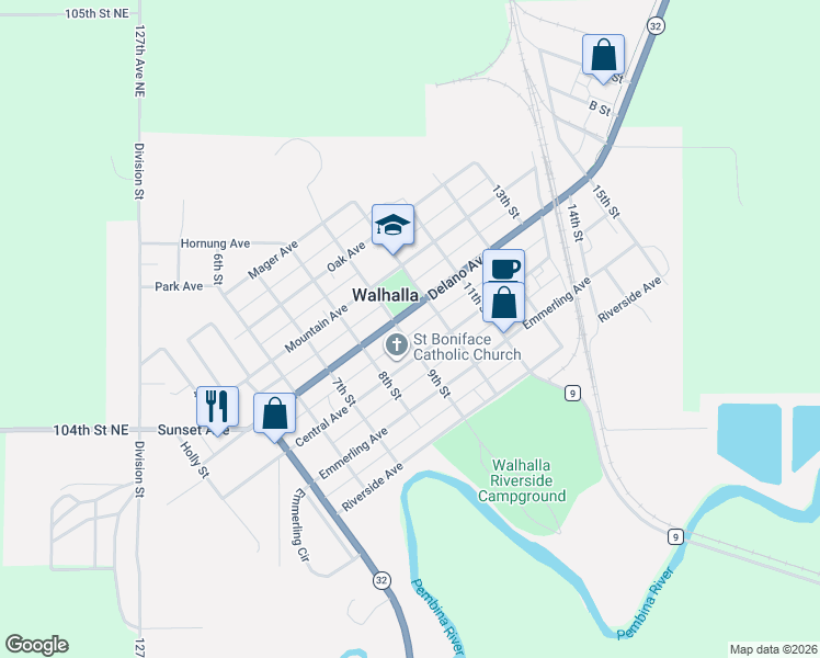 map of restaurants, bars, coffee shops, grocery stores, and more near 906 Delano Avenue in Walhalla
