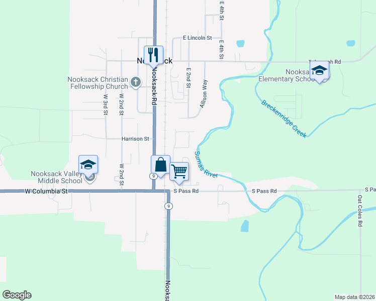map of restaurants, bars, coffee shops, grocery stores, and more near 226 Hertel Way in Nooksack