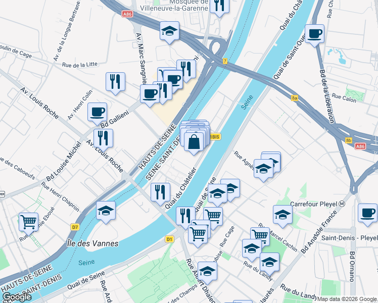 map of restaurants, bars, coffee shops, grocery stores, and more near 9 Quai du Châtelier in L'Île-Saint-Denis