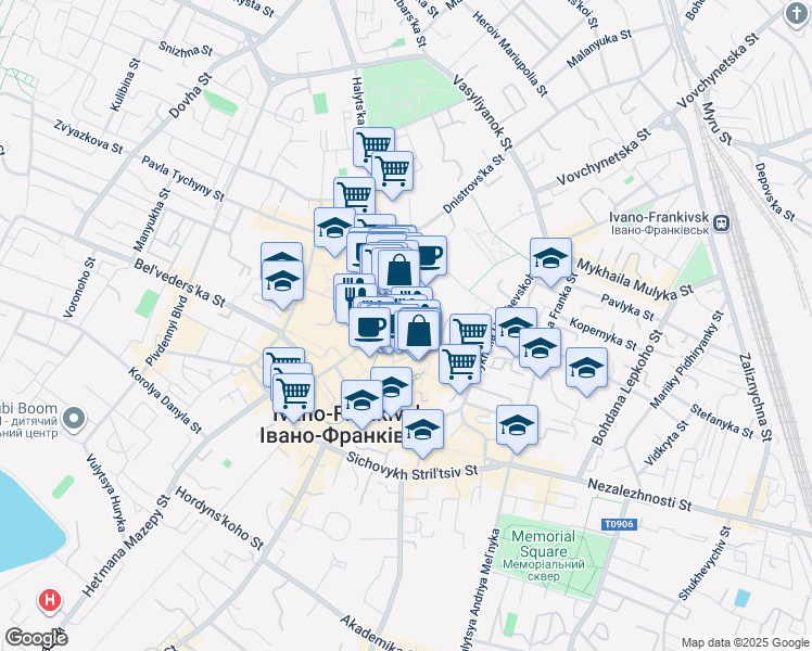 map of restaurants, bars, coffee shops, grocery stores, and more near in Ivano-Frankivsk