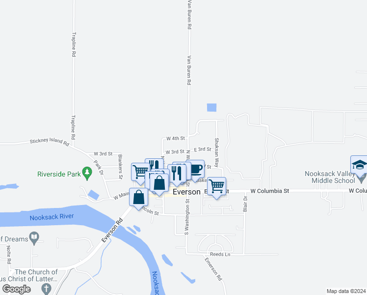 map of restaurants, bars, coffee shops, grocery stores, and more near 102 West 3rd Street in Everson