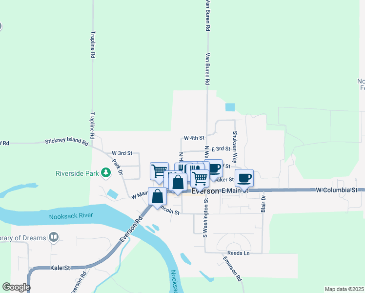 map of restaurants, bars, coffee shops, grocery stores, and more near 302 North Harkness Street in Everson