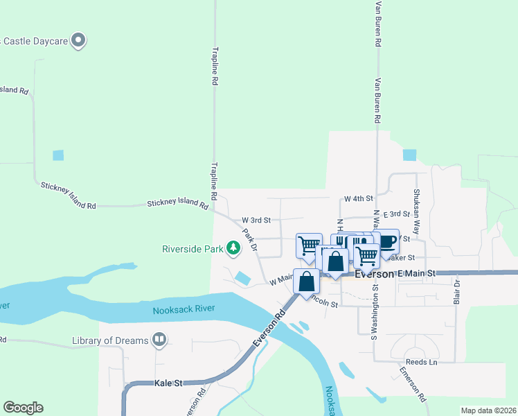 map of restaurants, bars, coffee shops, grocery stores, and more near 423 West 3rd Street in Everson