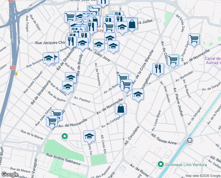 map of restaurants, bars, coffee shops, grocery stores, and more near Avenue du Bois in Aulnay-sous-Bois