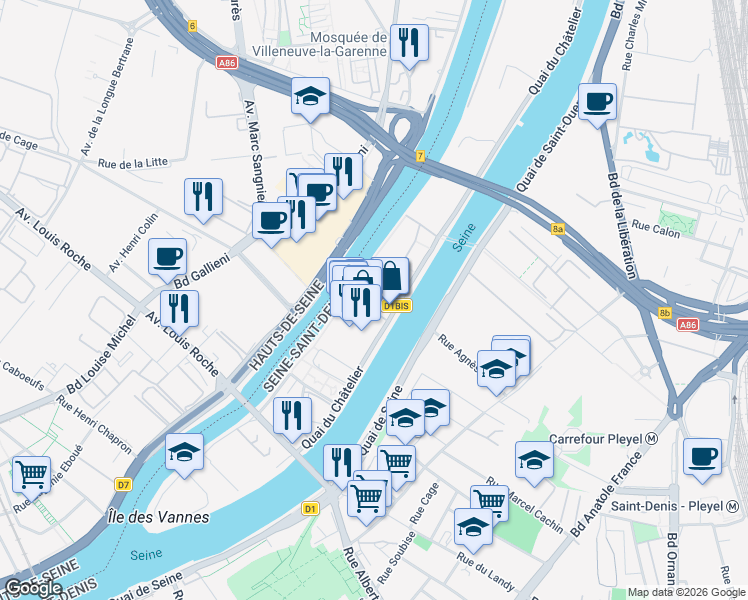 map of restaurants, bars, coffee shops, grocery stores, and more near 9 Quai du Châtelier in L'Île-Saint-Denis