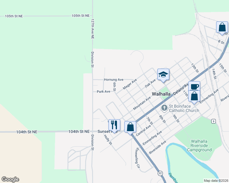 map of restaurants, bars, coffee shops, grocery stores, and more near 800 6th Street in Walhalla