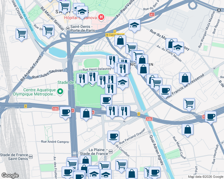 map of restaurants, bars, coffee shops, grocery stores, and more near 23 Avenue Jules Rimet in Saint-Denis