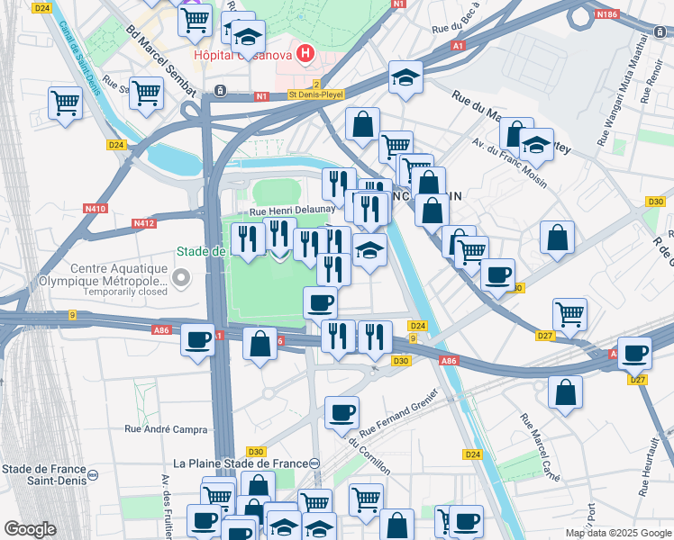 map of restaurants, bars, coffee shops, grocery stores, and more near 23 Avenue Jules Rimet in Saint-Denis