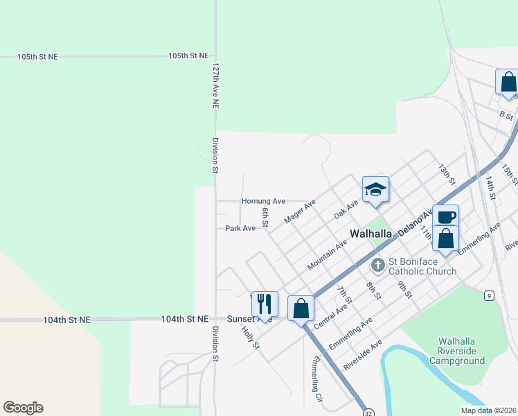 map of restaurants, bars, coffee shops, grocery stores, and more near 800-898 6th Street in Walhalla