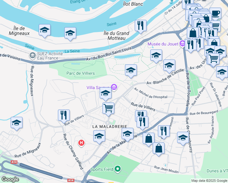 map of restaurants, bars, coffee shops, grocery stores, and more near 82 Rue de Villiers in Poissy