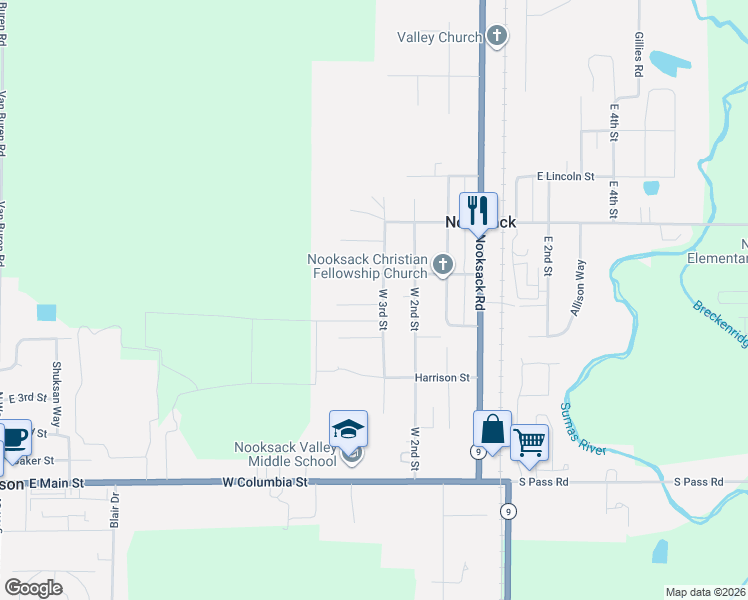 map of restaurants, bars, coffee shops, grocery stores, and more near 404 Amareen Court in Nooksack