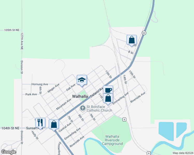 map of restaurants, bars, coffee shops, grocery stores, and more near 601 12th Street in Walhalla