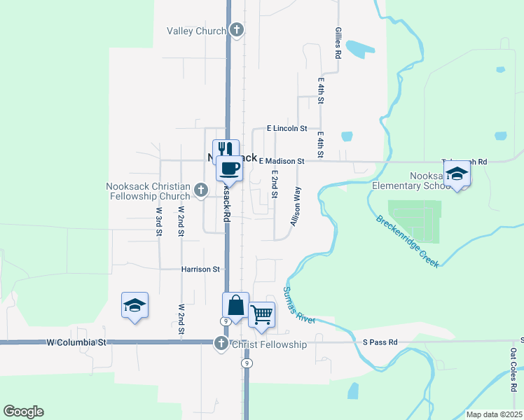 map of restaurants, bars, coffee shops, grocery stores, and more near 413 East 2nd Street in Nooksack