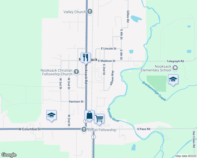 map of restaurants, bars, coffee shops, grocery stores, and more near 413 East 2nd Street in Nooksack
