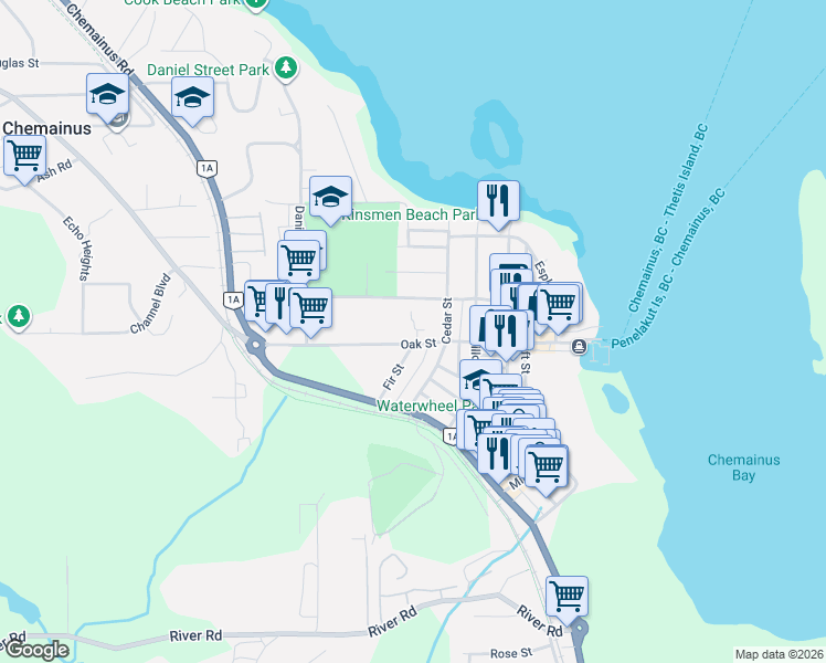 map of restaurants, bars, coffee shops, grocery stores, and more near 2951 Oak Street in Chemainus