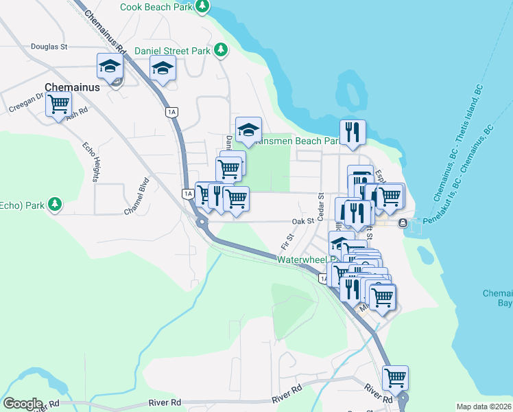 map of restaurants, bars, coffee shops, grocery stores, and more near 3000 Oak Street in Chemainus