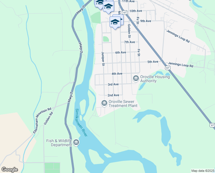 map of restaurants, bars, coffee shops, grocery stores, and more near 221 Juniper Street in Oroville