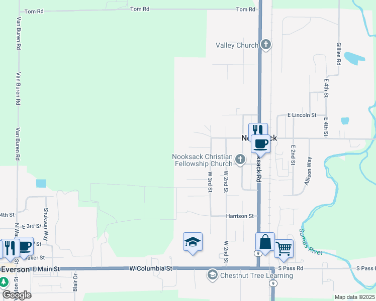 map of restaurants, bars, coffee shops, grocery stores, and more near 411 Dennison Lane in Nooksack