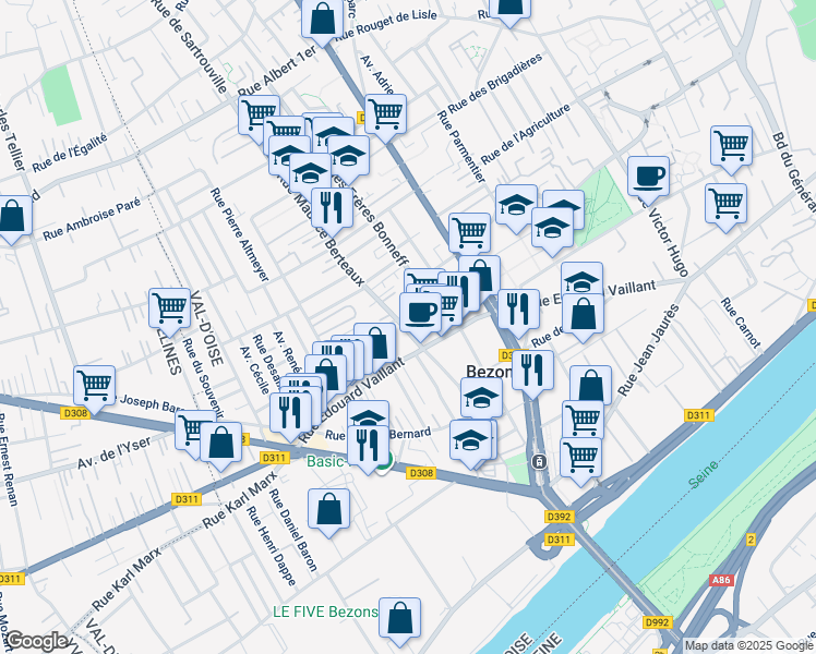 map of restaurants, bars, coffee shops, grocery stores, and more near in Bezons