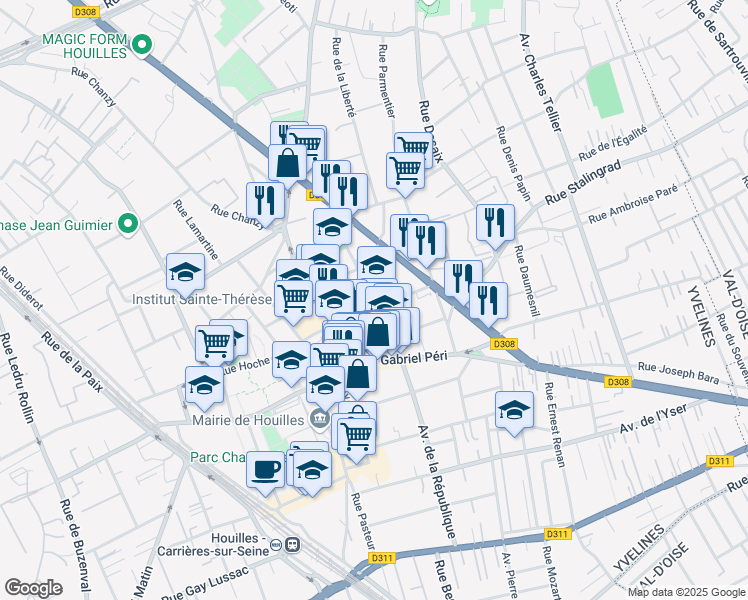 map of restaurants, bars, coffee shops, grocery stores, and more near in Houilles