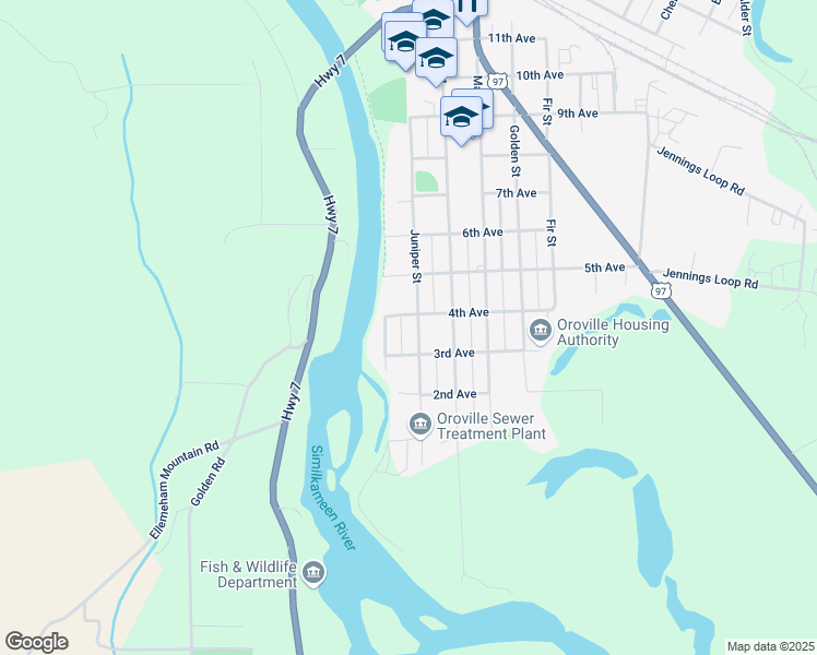 map of restaurants, bars, coffee shops, grocery stores, and more near 221 Juniper Street in Oroville