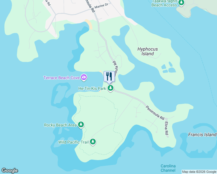 map of restaurants, bars, coffee shops, grocery stores, and more near 1002 Peninsula Road in Ucluelet