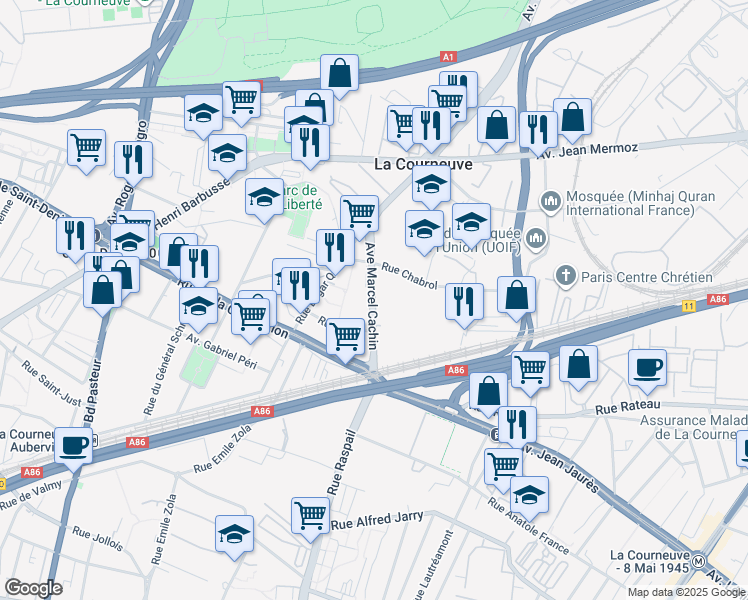 map of restaurants, bars, coffee shops, grocery stores, and more near 14 Avenue Marcel Cachin in La Courneuve