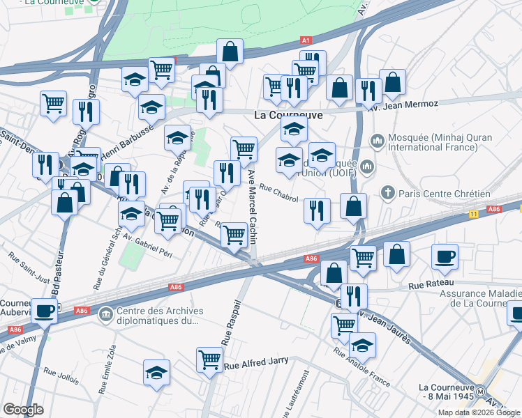 map of restaurants, bars, coffee shops, grocery stores, and more near 14 Avenue Marcel Cachin in La Courneuve