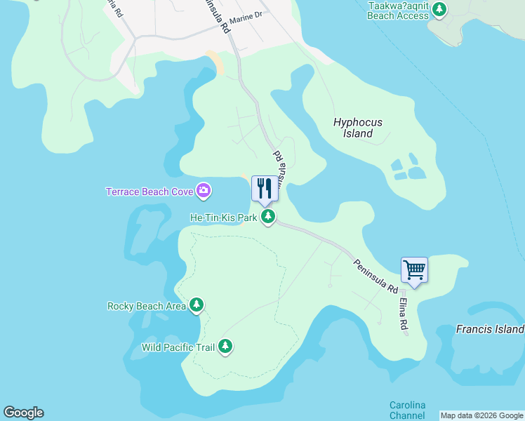 map of restaurants, bars, coffee shops, grocery stores, and more near 1002 Peninsula Road in Ucluelet