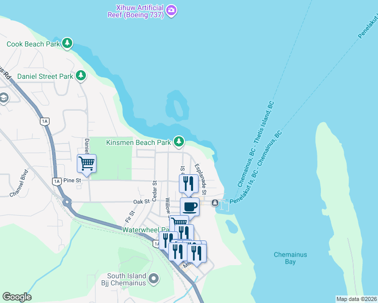 map of restaurants, bars, coffee shops, grocery stores, and more near 9947 Esplanade Street in Chemainus