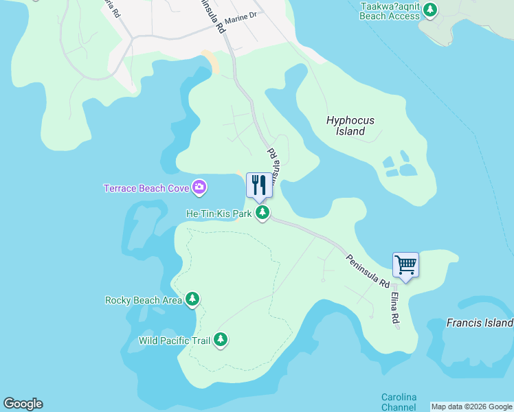 map of restaurants, bars, coffee shops, grocery stores, and more near 1002 Peninsula Road in Ucluelet