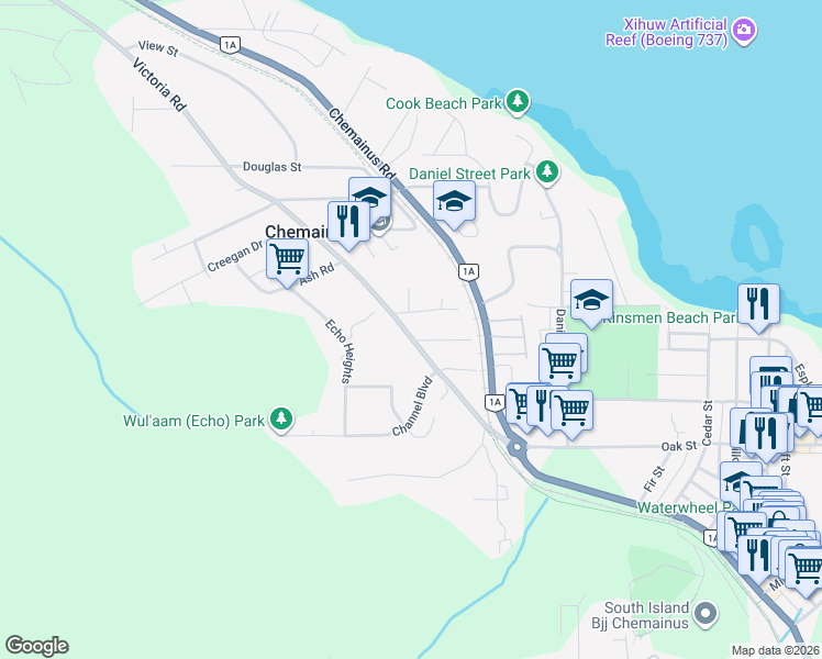 map of restaurants, bars, coffee shops, grocery stores, and more near 3154 Robertson Street in Chemainus