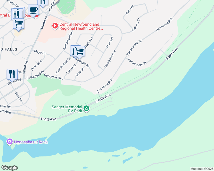 map of restaurants, bars, coffee shops, grocery stores, and more near 16 Harmsworth Drive in Grand Falls-Windsor