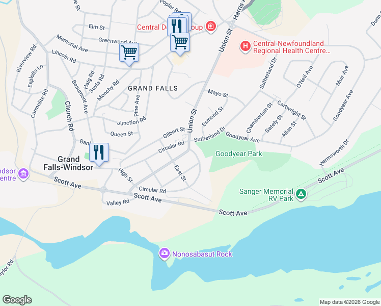 map of restaurants, bars, coffee shops, grocery stores, and more near 33 Union Street in Grand Falls-Windsor