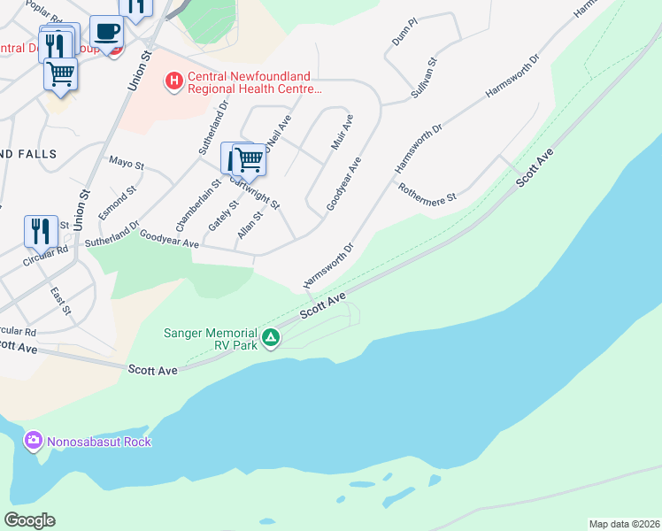 map of restaurants, bars, coffee shops, grocery stores, and more near 16 Harmsworth Drive in Grand Falls-Windsor