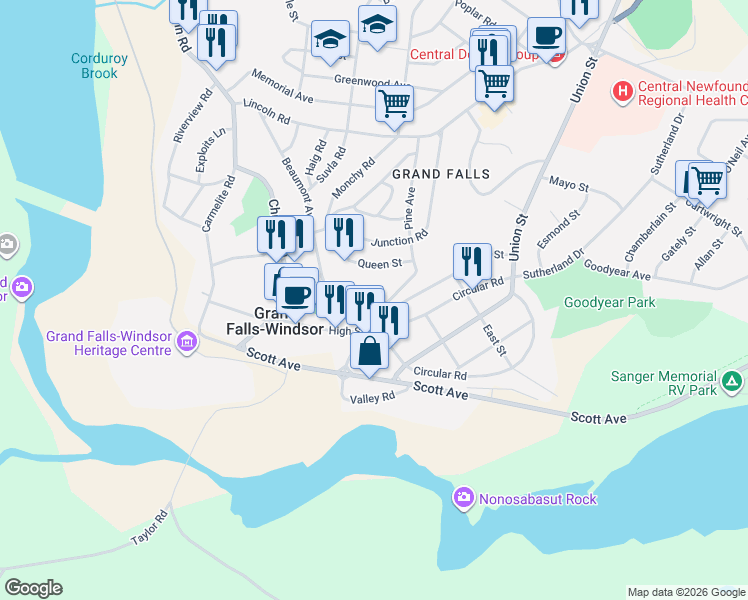 map of restaurants, bars, coffee shops, grocery stores, and more near 20 Bank Road in Grand Falls-Windsor
