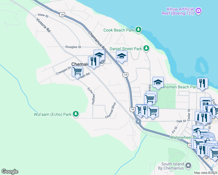 map of restaurants, bars, coffee shops, grocery stores, and more near 3154 Robertson Street in Chemainus