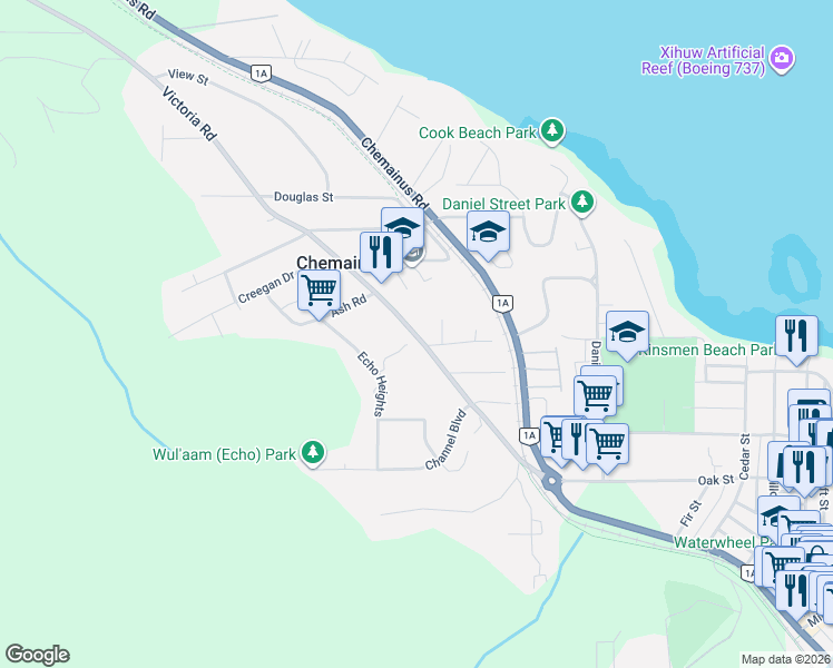map of restaurants, bars, coffee shops, grocery stores, and more near 9975 Victoria Road in Chemainus