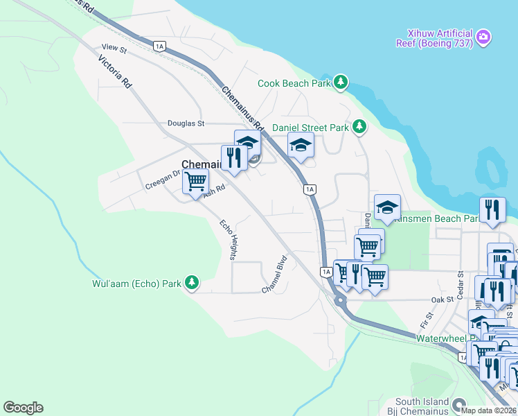 map of restaurants, bars, coffee shops, grocery stores, and more near 9975 Victoria Road in Chemainus