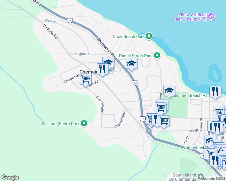 map of restaurants, bars, coffee shops, grocery stores, and more near 9977 Victoria Road in Chemainus