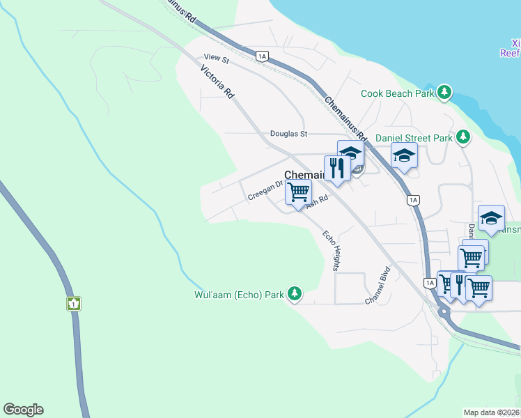 map of restaurants, bars, coffee shops, grocery stores, and more near 3298 Creegan Drive in Chemainus