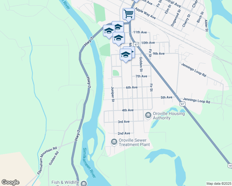 map of restaurants, bars, coffee shops, grocery stores, and more near 517 Juniper Street in Oroville