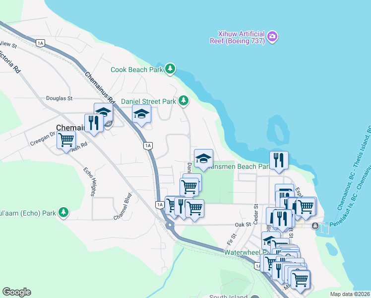 map of restaurants, bars, coffee shops, grocery stores, and more near 9986 Daniel Street in Chemainus