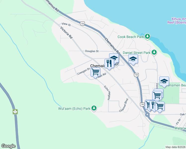 map of restaurants, bars, coffee shops, grocery stores, and more near 3285 Ash Road in Chemainus