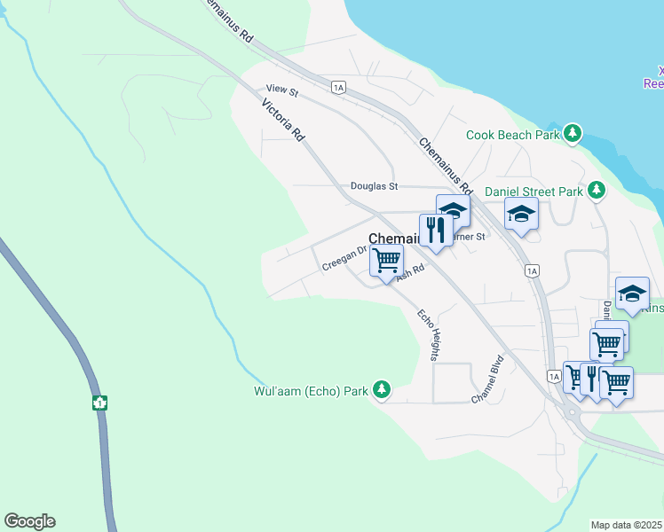 map of restaurants, bars, coffee shops, grocery stores, and more near 3298 Creegan Drive in Chemainus