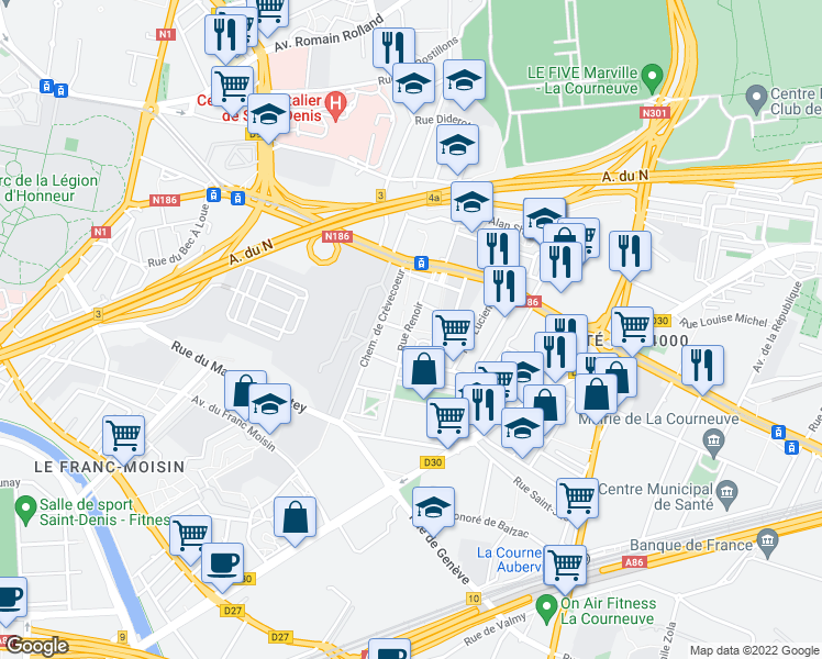 map of restaurants, bars, coffee shops, grocery stores, and more near Rue des Clos in La Courneuve