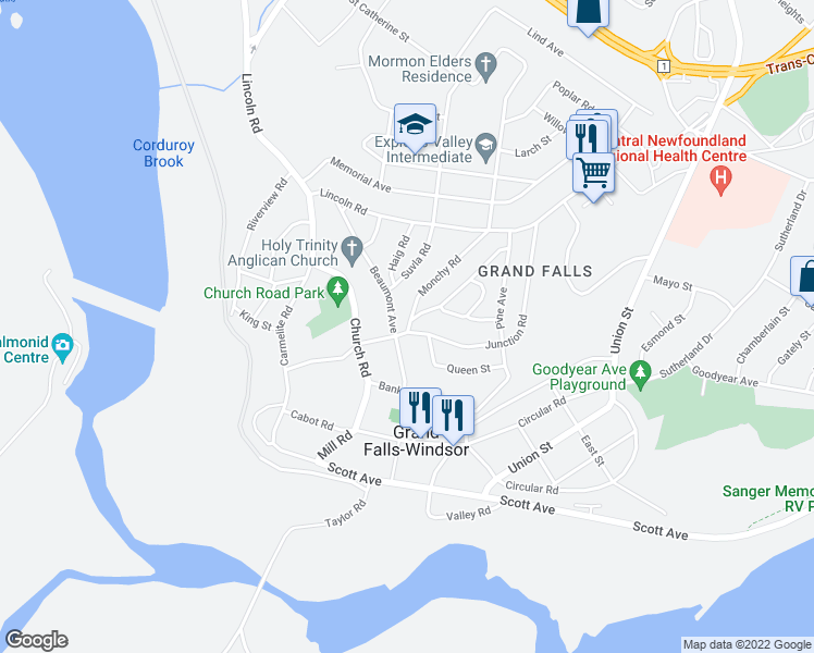 map of restaurants, bars, coffee shops, grocery stores, and more near 11 Monchy Road in Grand Falls-Windsor