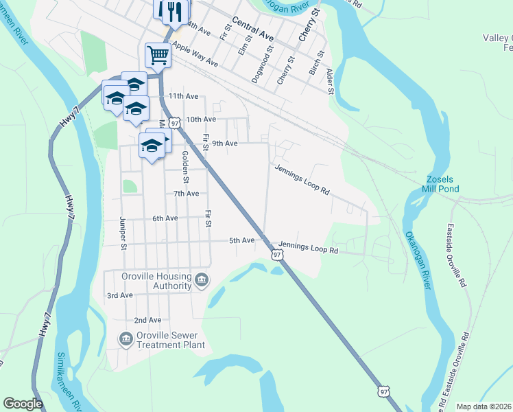 map of restaurants, bars, coffee shops, grocery stores, and more near 603 U.S. 97 in Oroville