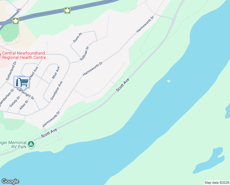 map of restaurants, bars, coffee shops, grocery stores, and more near Scott Avenue in Grand Falls-Windsor