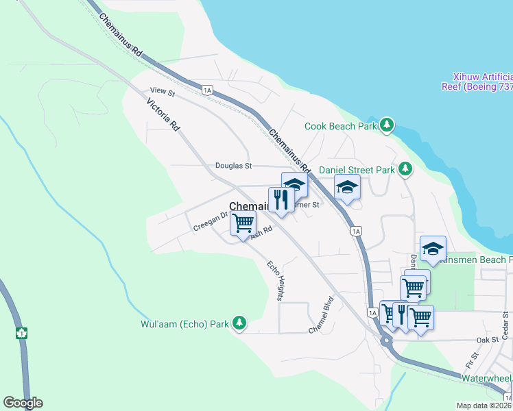 map of restaurants, bars, coffee shops, grocery stores, and more near Victoria Road in Chemainus